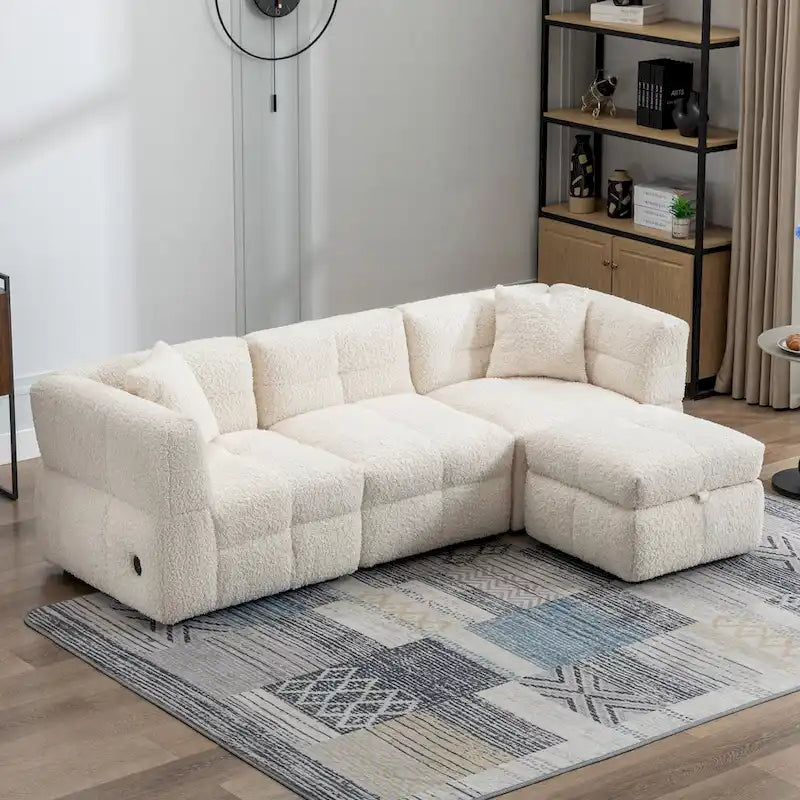 Roomfitters Cozy Teddy Fleece Fabric Sectional Sofa with USB Ports, Movable Storage Ottoman, and Two Lumbar Pillows