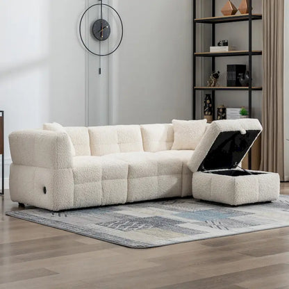 Roomfitters Cozy Teddy Fleece Fabric Sectional Sofa with USB Ports, Movable Storage Ottoman, and Two Lumbar Pillows