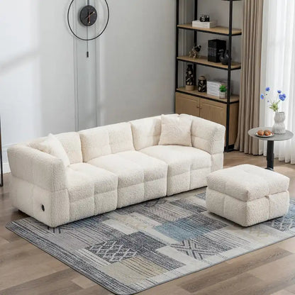 Roomfitters Cozy Teddy Fleece Fabric Sectional Sofa with USB Ports, Movable Storage Ottoman, and Two Lumbar Pillows