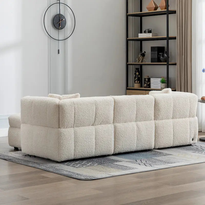 Roomfitters Cozy Teddy Fleece Fabric Sectional Sofa with USB Ports, Movable Storage Ottoman, and Two Lumbar Pillows