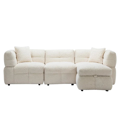 Roomfitters Cozy Teddy Fleece Fabric Sectional Sofa with USB Ports, Movable Storage Ottoman, and Two Lumbar Pillows
