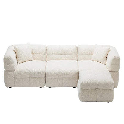 Roomfitters Cozy Teddy Fleece Fabric Sectional Sofa with USB Ports, Movable Storage Ottoman, and Two Lumbar Pillows