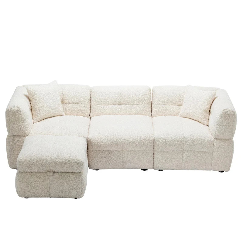 Roomfitters Cozy Teddy Fleece Fabric Sectional Sofa with USB Ports, Movable Storage Ottoman, and Two Lumbar Pillows