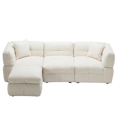 Roomfitters Cozy Teddy Fleece Fabric Sectional Sofa with USB Ports, Movable Storage Ottoman, and Two Lumbar Pillows