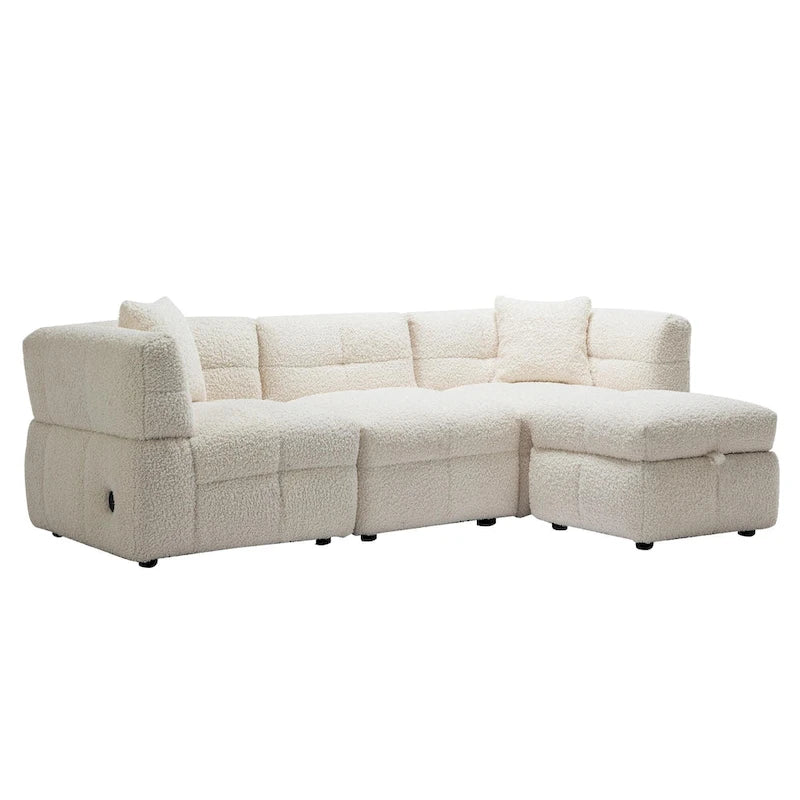 Roomfitters Cozy Teddy Fleece Fabric Sectional Sofa with USB Ports, Movable Storage Ottoman, and Two Lumbar Pillows