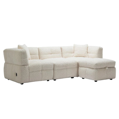 Roomfitters Cozy Teddy Fleece Fabric Sectional Sofa with USB Ports, Movable Storage Ottoman, and Two Lumbar Pillows