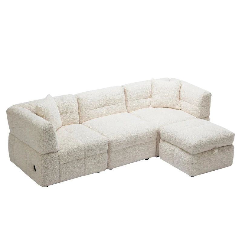 Roomfitters Cozy Teddy Fleece Fabric Sectional Sofa with USB Ports, Movable Storage Ottoman, and Two Lumbar Pillows
