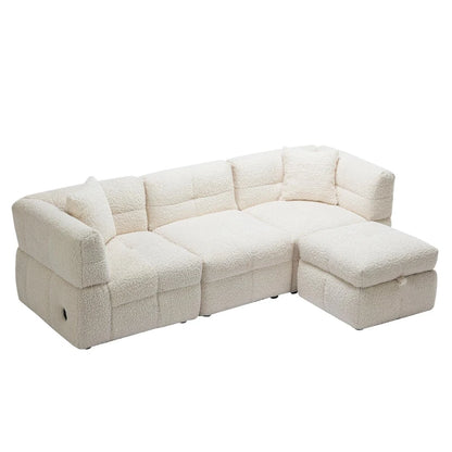 Roomfitters Cozy Teddy Fleece Fabric Sectional Sofa with USB Ports, Movable Storage Ottoman, and Two Lumbar Pillows