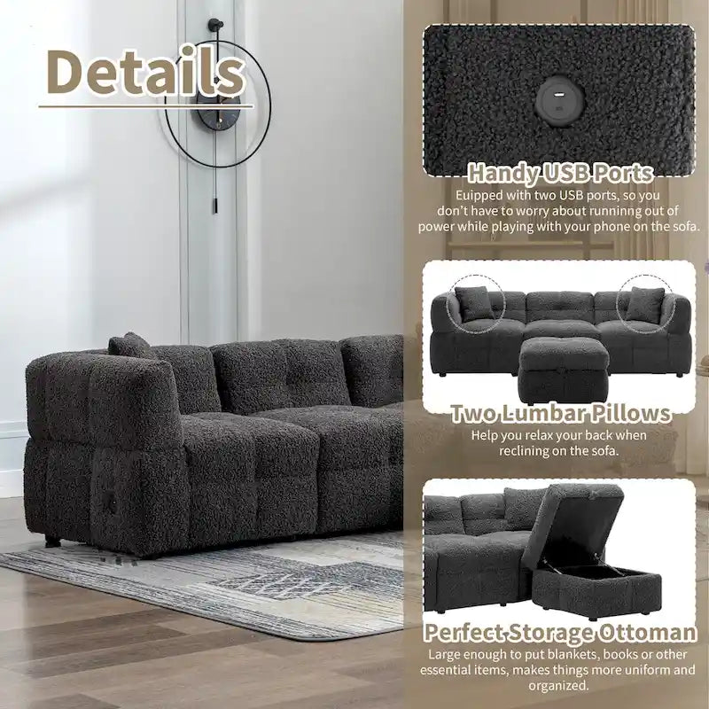 Roomfitters Cozy Teddy Fleece Fabric Sectional Sofa with USB Ports, Movable Storage Ottoman, and Two Lumbar Pillows