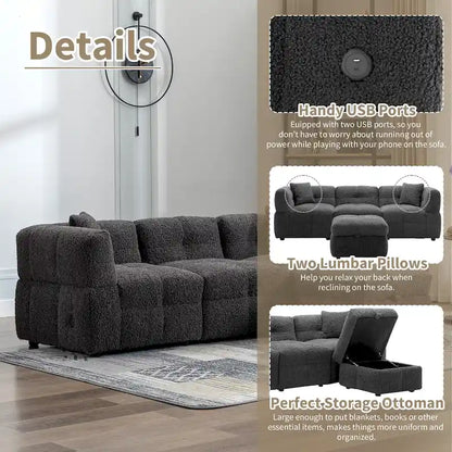 Roomfitters Cozy Teddy Fleece Fabric Sectional Sofa with USB Ports, Movable Storage Ottoman, and Two Lumbar Pillows
