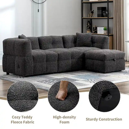 Roomfitters Cozy Teddy Fleece Fabric Sectional Sofa with USB Ports, Movable Storage Ottoman, and Two Lumbar Pillows