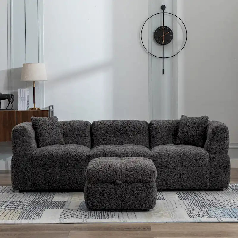 Roomfitters Cozy Teddy Fleece Fabric Sectional Sofa with USB Ports, Movable Storage Ottoman, and Two Lumbar Pillows