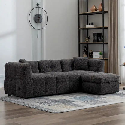 Roomfitters Cozy Teddy Fleece Fabric Sectional Sofa with USB Ports, Movable Storage Ottoman, and Two Lumbar Pillows