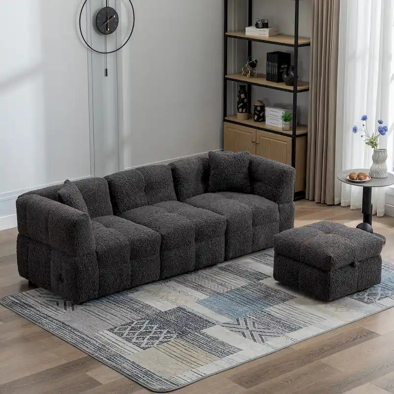 Roomfitters Cozy Teddy Fleece Fabric Sectional Sofa with USB Ports, Movable Storage Ottoman, and Two Lumbar Pillows