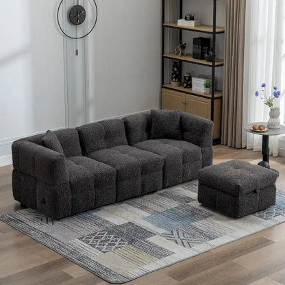 Roomfitters Cozy Teddy Fleece Fabric Sectional Sofa with USB Ports, Movable Storage Ottoman, and Two Lumbar Pillows