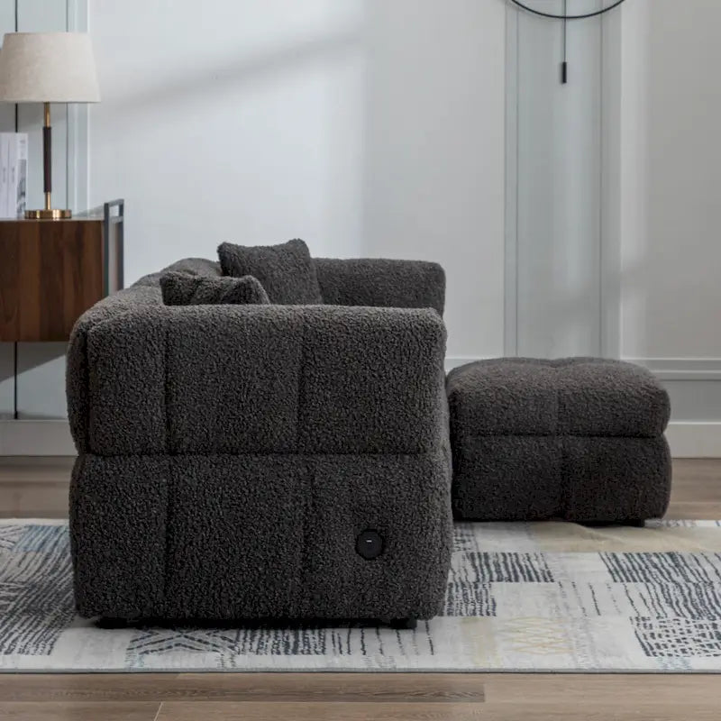 Roomfitters Cozy Teddy Fleece Fabric Sectional Sofa with USB Ports, Movable Storage Ottoman, and Two Lumbar Pillows