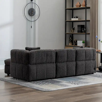 Roomfitters Cozy Teddy Fleece Fabric Sectional Sofa with USB Ports, Movable Storage Ottoman, and Two Lumbar Pillows