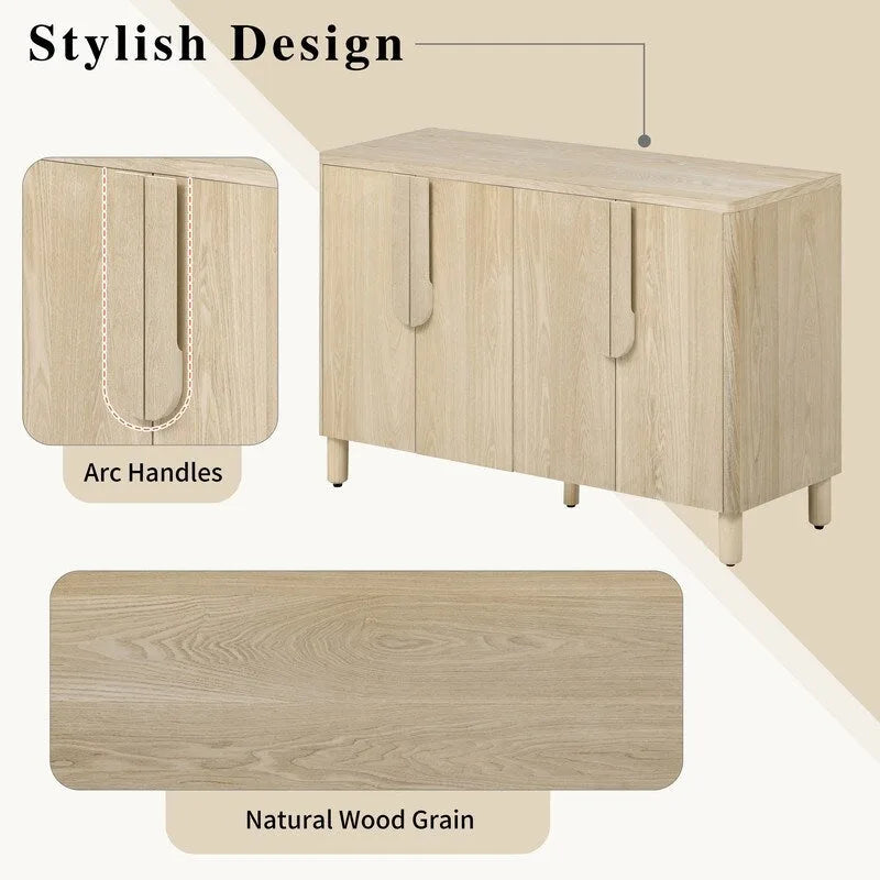 4-Door Buffet Cabinet with Storage, Wood Sideboard Cabinet with Unique Arc Handles and Adjustable Shelves