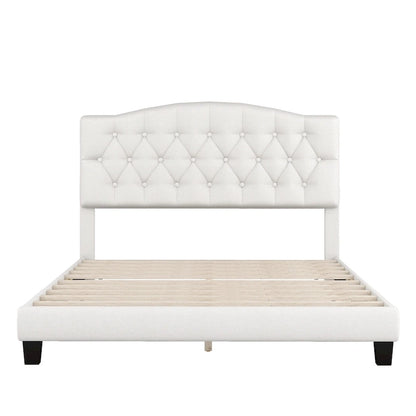 Platform Bed Frame with Saddle Curved Headboard, Modern Medieval Royal Style Platform Bed with Diamond Tufted Details