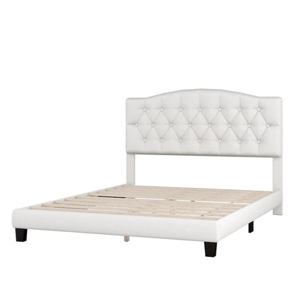 Platform Bed Frame with Saddle Curved Headboard, Modern Medieval Royal Style Platform Bed with Diamond Tufted Details