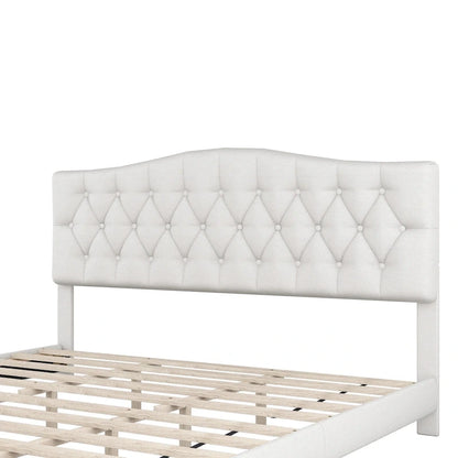 Platform Bed Frame with Saddle Curved Headboard, Modern Medieval Royal Style Platform Bed with Diamond Tufted Details