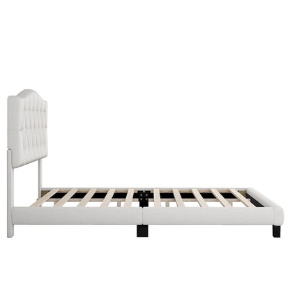Platform Bed Frame with Saddle Curved Headboard, Modern Medieval Royal Style Platform Bed with Diamond Tufted Details