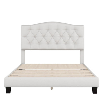 Platform Bed Frame with Saddle Curved Headboard, Modern Medieval Royal Style Platform Bed with Diamond Tufted Details