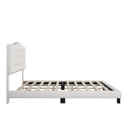 Platform Bed Frame with Saddle Curved Headboard, Modern Medieval Royal Style Platform Bed with Diamond Tufted Details