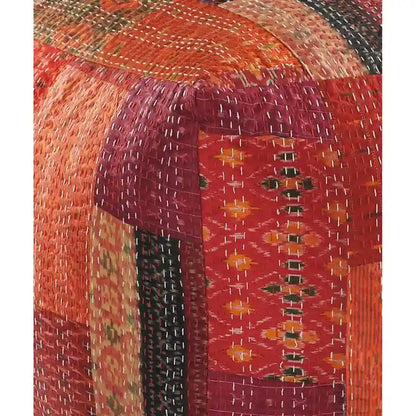 24 Square Red Pouf Ottoman with Cotton Blend Upholstery and Modern Patchwork Design Great for Footrest