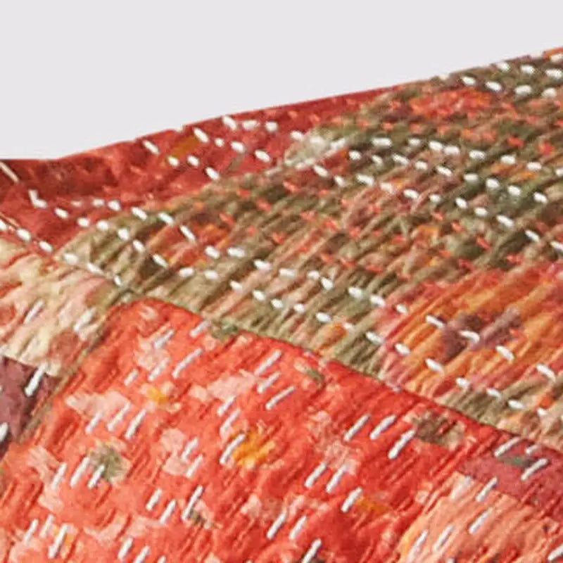 24 Square Red Pouf Ottoman with Cotton Blend Upholstery and Modern Patchwork Design Great for Footrest