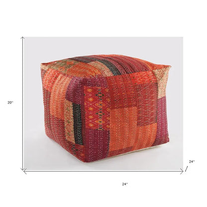 24 Square Red Pouf Ottoman with Cotton Blend Upholstery and Modern Patchwork Design Great for Footrest