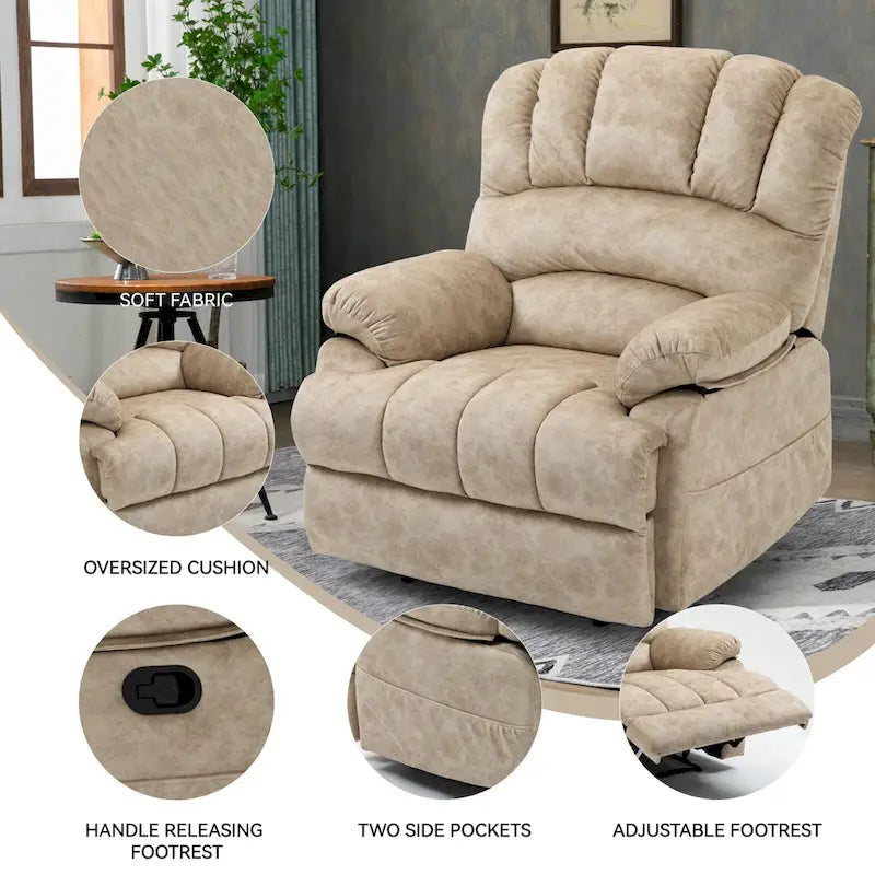 Oversized Manual Recliner Upholstered Fabric Lounge Chair Adjustable Living Room Single Sofa with Side Lever Control