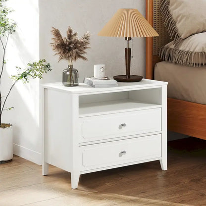 EROMMY Modern Wide Nightstand with 2 Drawers and Open Storage, Bedroom Bedside Table with Solid Wood Legs, Nightstand.
