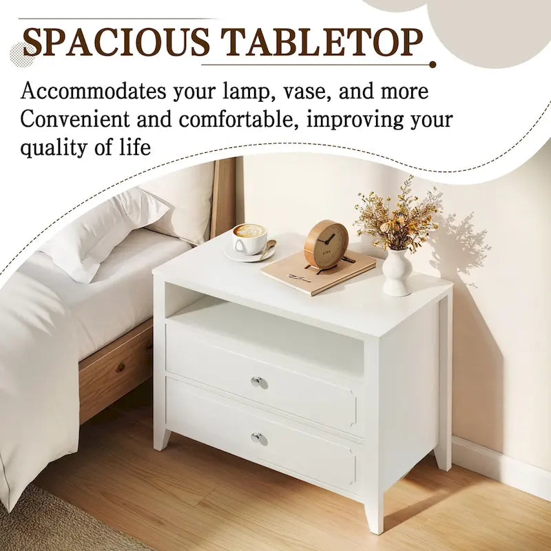 EROMMY Modern Wide Nightstand with 2 Drawers and Open Storage, Bedroom Bedside Table with Solid Wood Legs, Nightstand.