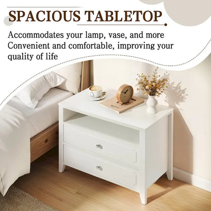 EROMMY Modern Wide Nightstand with 2 Drawers and Open Storage, Bedroom Bedside Table with Solid Wood Legs, Nightstand.