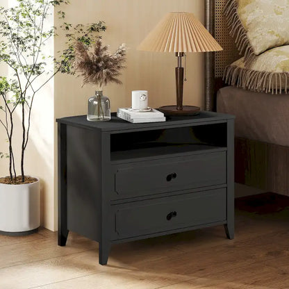 EROMMY Modern Wide Nightstand with 2 Drawers and Open Storage, Bedroom Bedside Table with Solid Wood Legs, Nightstand.