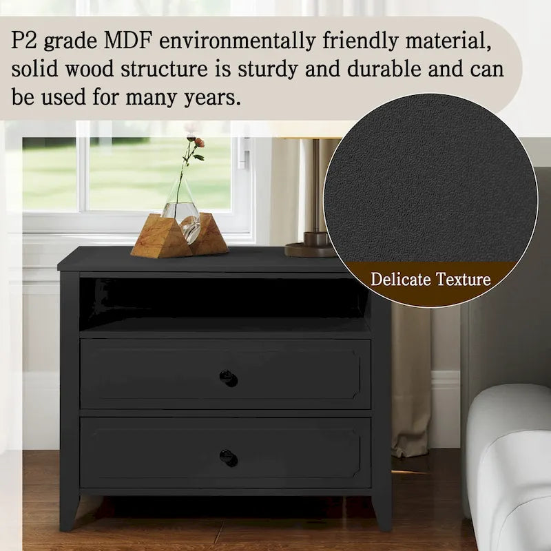 EROMMY Modern Wide Nightstand with 2 Drawers and Open Storage, Bedroom Bedside Table with Solid Wood Legs, Nightstand.