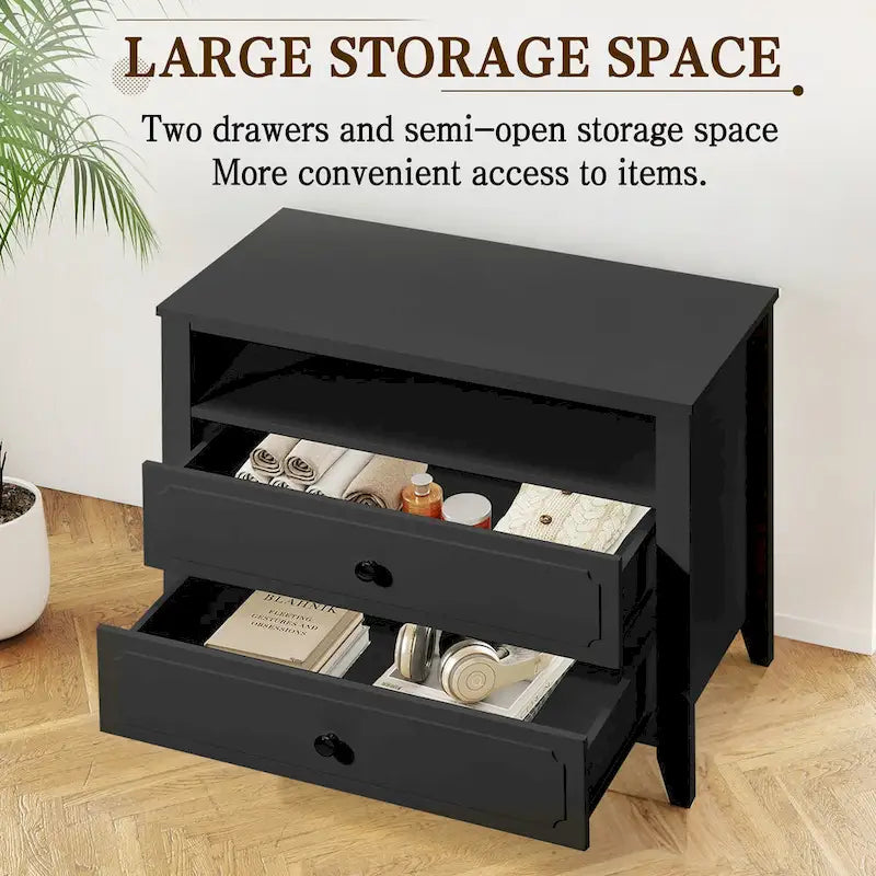 EROMMY Modern Wide Nightstand with 2 Drawers and Open Storage, Bedroom Bedside Table with Solid Wood Legs, Nightstand.