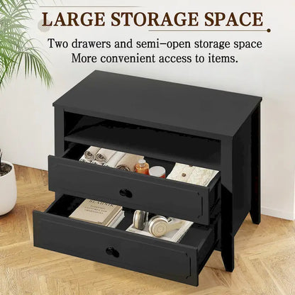 EROMMY Modern Wide Nightstand with 2 Drawers and Open Storage, Bedroom Bedside Table with Solid Wood Legs, Nightstand.