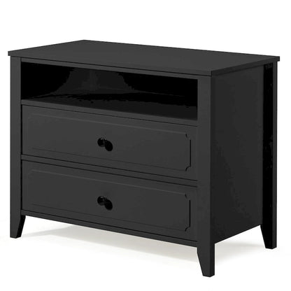 EROMMY Modern Wide Nightstand with 2 Drawers and Open Storage, Bedroom Bedside Table with Solid Wood Legs, Nightstand.