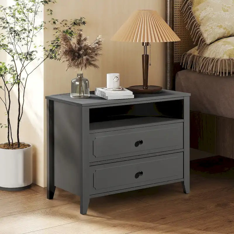 EROMMY Modern Wide Nightstand with 2 Drawers and Open Storage, Bedroom Bedside Table with Solid Wood Legs, Nightstand.
