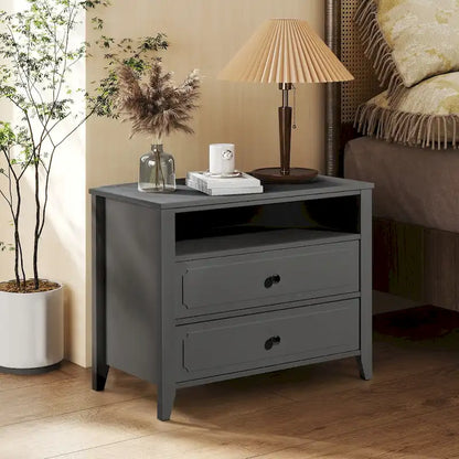 EROMMY Modern Wide Nightstand with 2 Drawers and Open Storage, Bedroom Bedside Table with Solid Wood Legs, Nightstand.