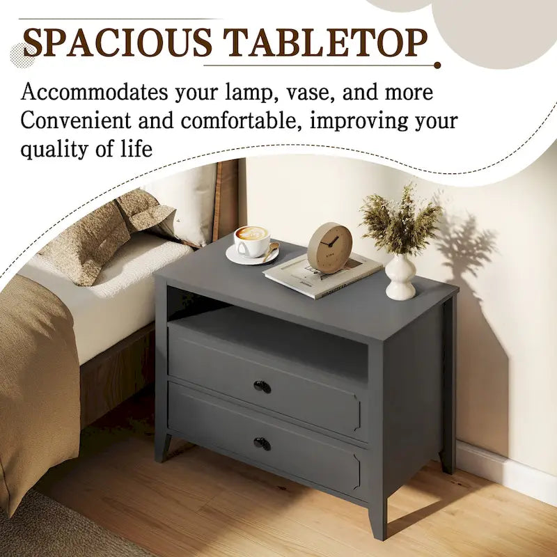 EROMMY Modern Wide Nightstand with 2 Drawers and Open Storage, Bedroom Bedside Table with Solid Wood Legs, Nightstand.