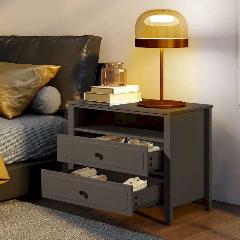 EROMMY Modern Wide Nightstand with 2 Drawers and Open Storage, Bedroom Bedside Table with Solid Wood Legs, Nightstand.