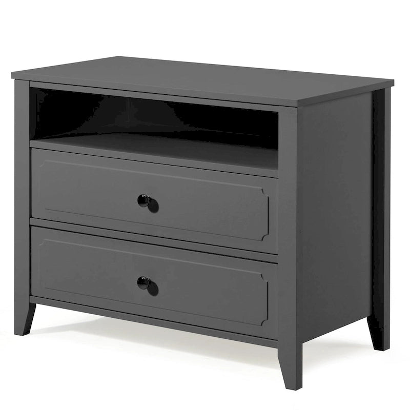 EROMMY Modern Wide Nightstand with 2 Drawers and Open Storage, Bedroom Bedside Table with Solid Wood Legs, Nightstand.