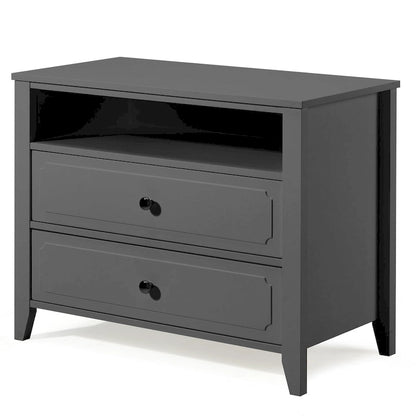 EROMMY Modern Wide Nightstand with 2 Drawers and Open Storage, Bedroom Bedside Table with Solid Wood Legs, Nightstand.