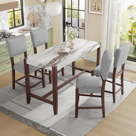5-Piece Counter Height Dining Table Set, Faux Marble Bar Table and 4 Upholstered-Seat Chairs