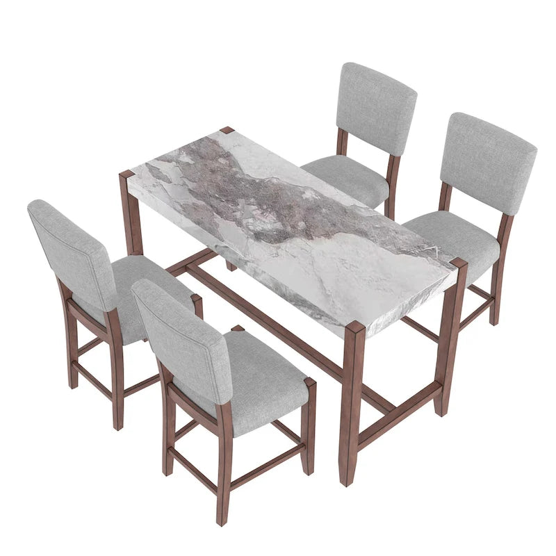 5-Piece Counter Height Dining Table Set, Faux Marble Bar Table and 4 Upholstered-Seat Chairs