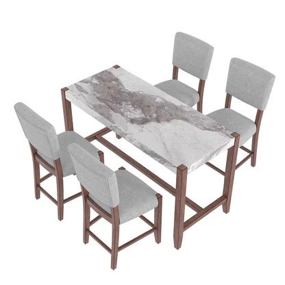5-Piece Counter Height Dining Table Set, Faux Marble Bar Table and 4 Upholstered-Seat Chairs