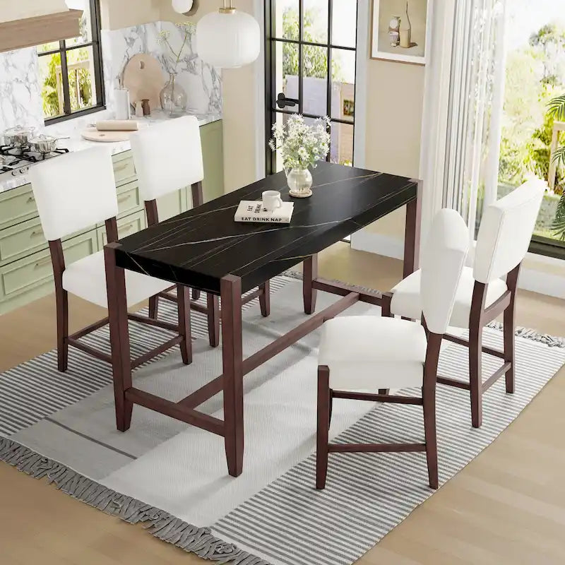 5-Piece Counter Height Dining Table Set, Faux Marble Bar Table and 4 Upholstered-Seat Chairs